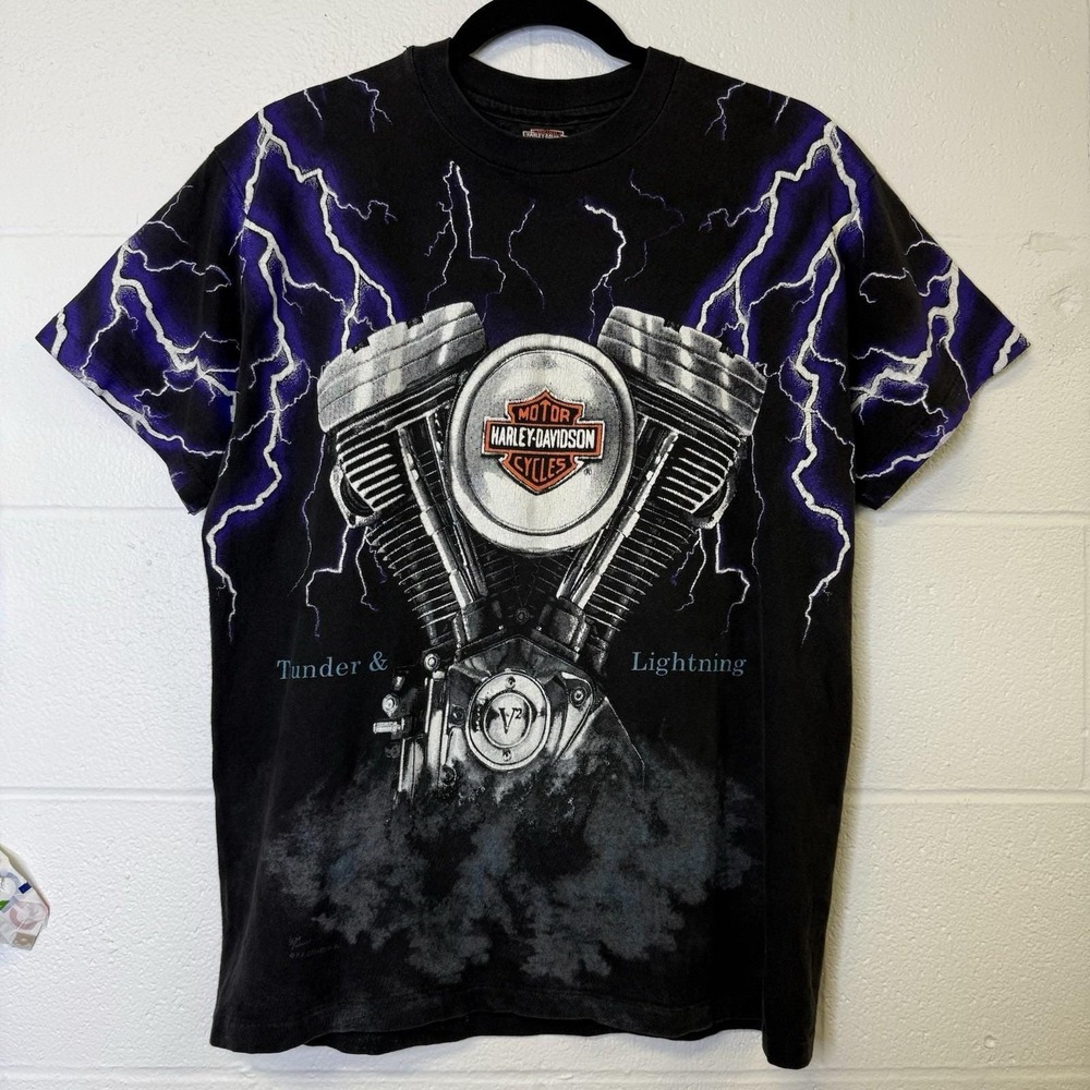 Vintage 90s Harley Davidson T Shirt Men Size M Thunder Lightning All Over Print